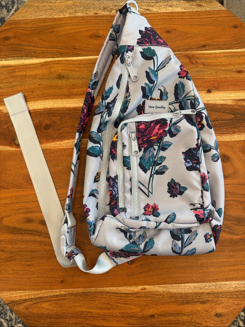 Vera Bradley Floral Crossbody Sling in Light Gray with Teal and Magenta Accents